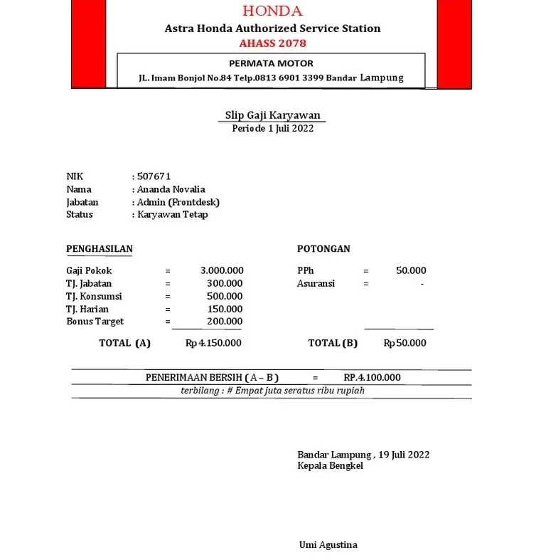 Contoh Slip Gaji PT AHM Lulusan SMK
